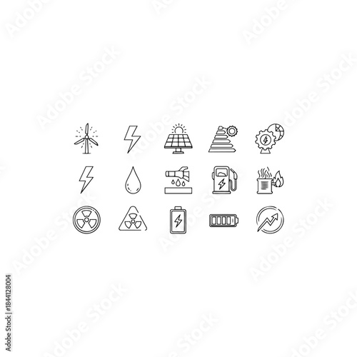 A set of hand-drawn icons representing various energy sources and concepts isolated on transparent background