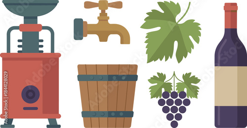 Wine making illustration set featuring grape crusher, wooden barrel, tap, wine bottle, grape bunch, and vine leaves in clean vector style