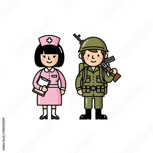 A friendly cartoon illustration of a nurse and a soldier, representing essential professions and service to others. isolated on transparent background