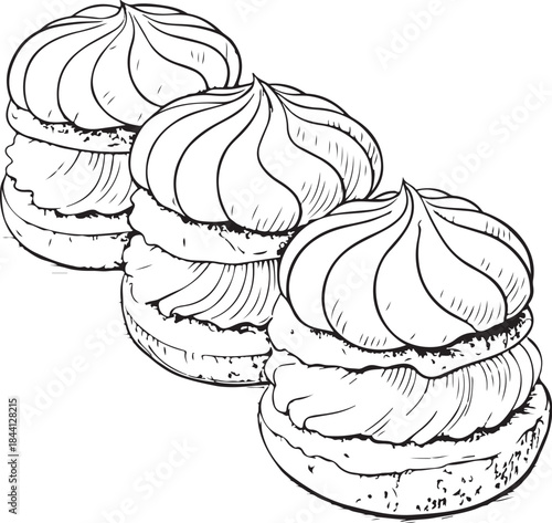 Profiteroles Pastries Dessert Hand-drawn Sketch Drawing Vector Illustration, Line Linear Symbol Engraving Coloring Book, Black and White Isolated
