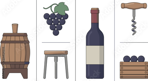 Wine production illustration set featuring wooden barrel, grape bunch, wine bottle, corkscrew, stool, and grape crate elements