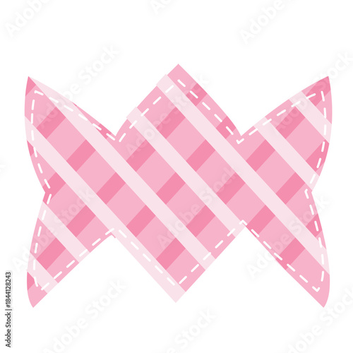 Cute pink gingham ribbon sticker icon, perfect for scrapbooks, planners, or illustrating playful, sweet, and vintage decorative designs.
