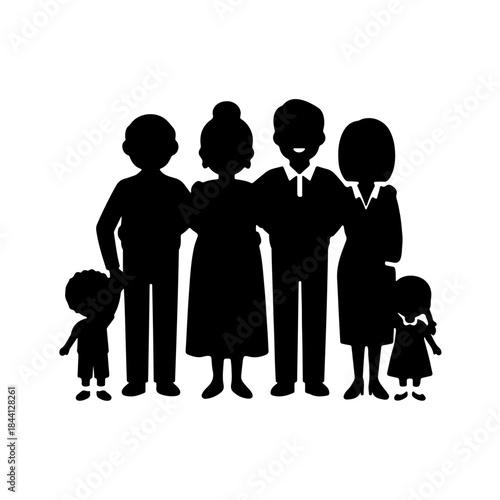A multi-generational family silhouette illustration representing unity and love isolated on transparent background