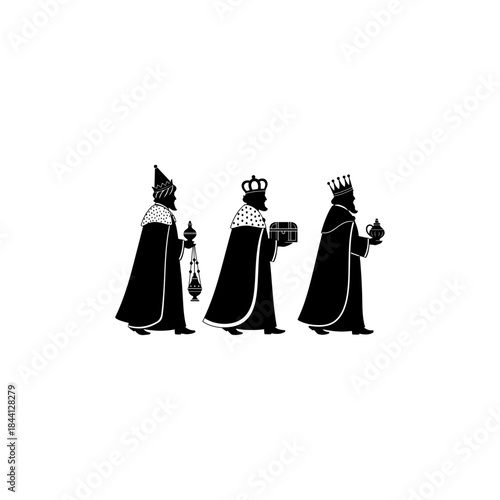 Three kings in silhouette carrying gifts of gold frankincense and myrrh isolated on transparent background