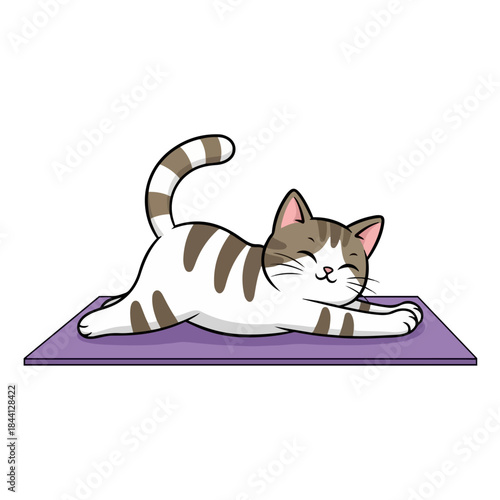 A cute cartoon tabby cat stretches happily on a purple mat, mimicking a yoga pose isolated on transparent background