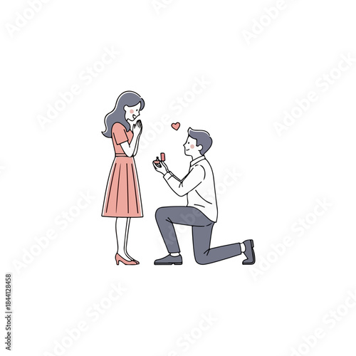 An illustration showing a romantic marriage proposal where a man kneels and offers a ring to a surprised woman isolated on transparent background