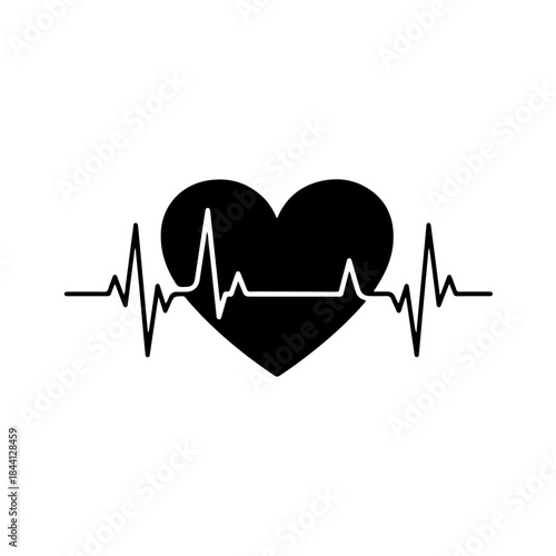 Black heart icon with white heartbeat line running through the center on a white background isolated on transparent background