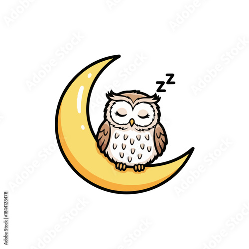 An adorable cartoon owl peacefully sleeps on a bright crescent moon, perfect for a nursery or bedtime theme isolated on transparent background