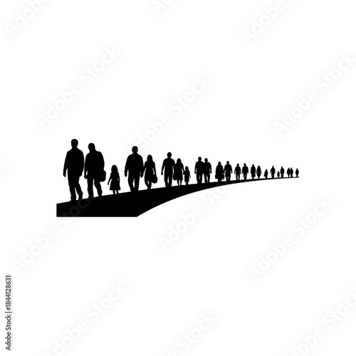 Silhouettes of diverse people walking along a curving path into the distance isolated on transparent background