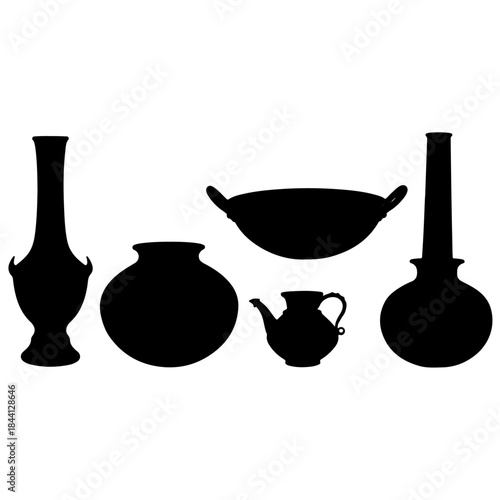 A collection of traditional and vintage pottery silhouettes showcasing different shapes and sizes isolated on transparent background