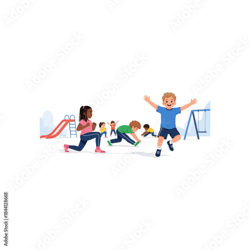 Group of diverse children engaging in various physical activities and exercises in a playground setting isolated on transparent background