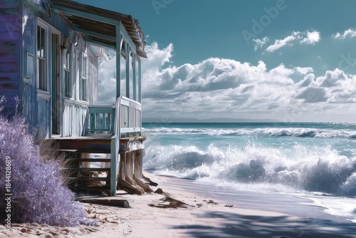 pastel-colored beach bungalow overlooking the beach and ocean
