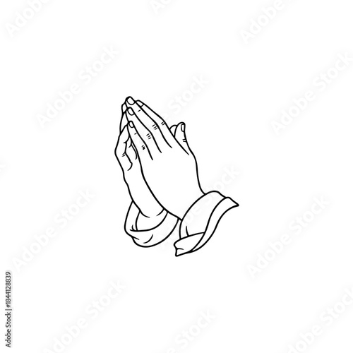 A simple line art illustration depicting hands clasped together in a gesture of prayer isolated on transparent background