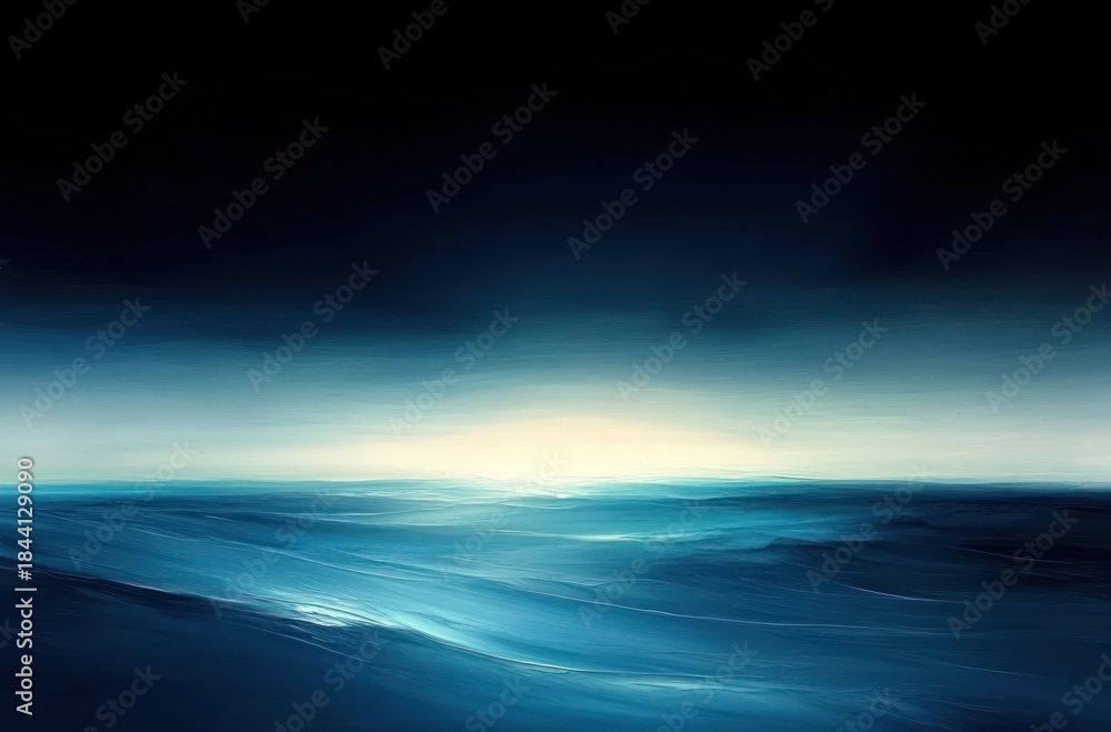 Obraz premium luminous ocean at dawn with rolling blue waves beneath a dramatic dark sky, serene and contemplative seascape
