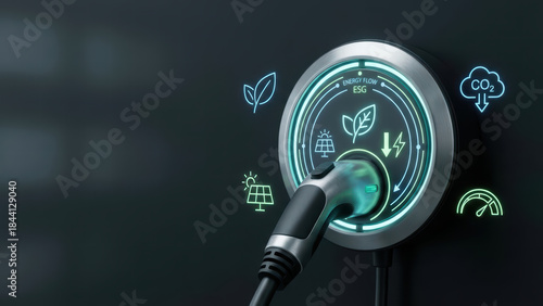 Electric vehicle charging station with energy flow indicators, showcasing sustainability and eco friendliness
