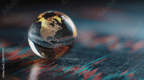 A glowing crystal ball on a reflective surface reveals a world map with rising financial charts and signals a positive global outlook.
