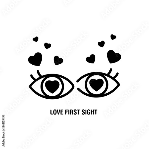 Love first sight vector illustration with heart-shaped pupils and floating hearts isolated on transparent background