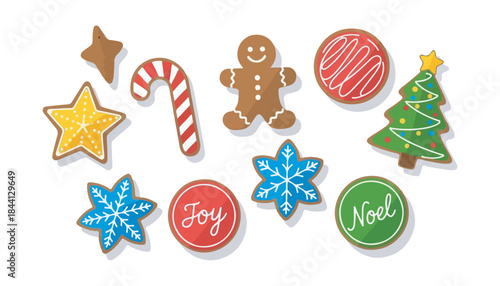 Christmas vector icon set featuring holiday decorations gingerbread cookies sweets gifts and festive symbols in cartoon illustration style