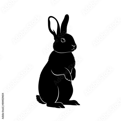 A black silhouette of a rabbit sitting upright on its hind legs
