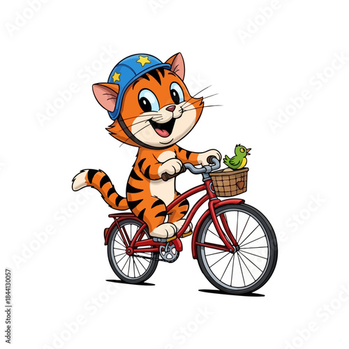 A cheerful cartoon tiger cat wearing a blue helmet while riding a red bicycle with a tiny bird isolated on transparent background