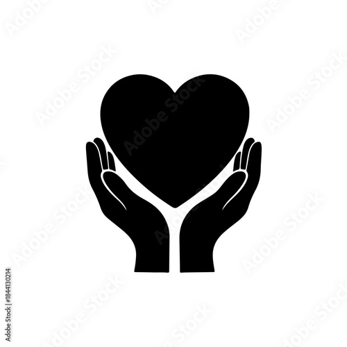 A black and white icon illustration of two hands holding up a heart shape, symbolizing care and compassion isolated on transparent background