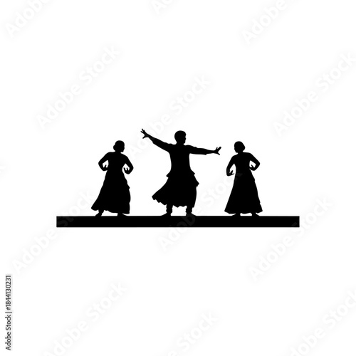 A silhouette of three performers striking poses during a classical indian dance performance isolated on transparent background