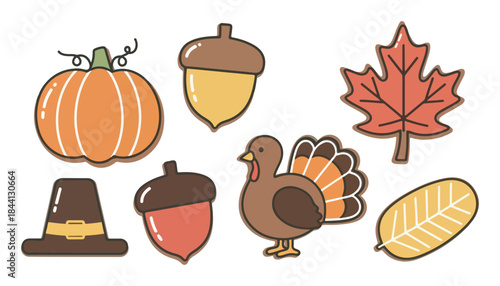 Thanksgiving Harvest: A cheerful collection of autumnal icons, including a pumpkin, acorn, turkey, and leaf, celebrating the season's bounty and spirit of gratitude.