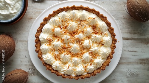 Creamy coconut pie with toasted coconut flakes and whipped cream dollops on a white plate surrounded by coconuts and a small bowl of cream