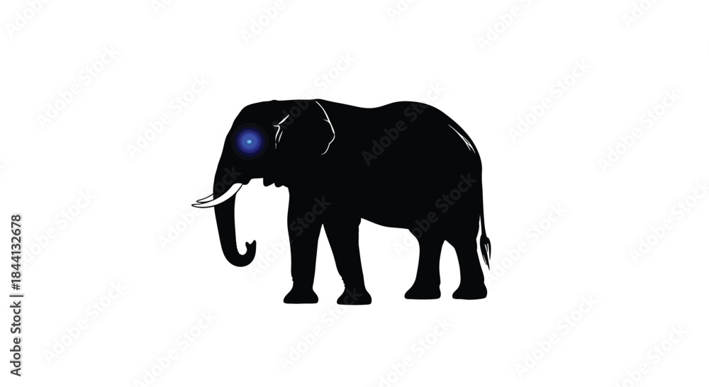 Fototapeta premium Black Elephant Standing Isolated on White Background with Blue Eye