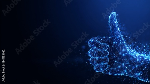 Futuristic hand showing thumb up gesture with blue digital background, representing technology, innovation, digital transformation, social network, modern vector illustration.