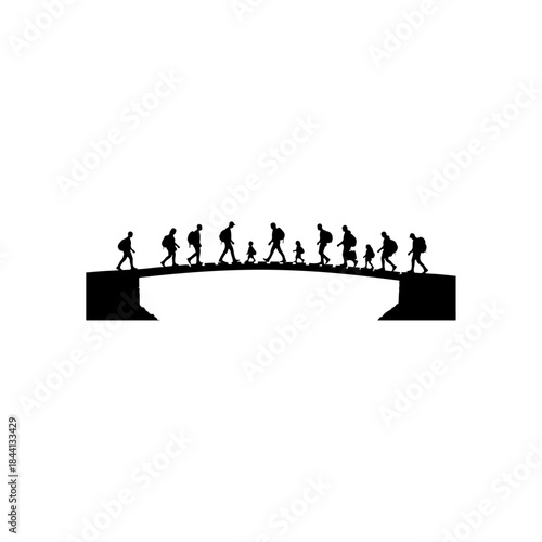 Silhouette illustration of a diverse group of people, including adults and children, walking across a bridge isolated on transparent background