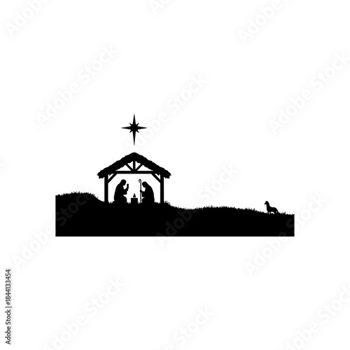 Nativity scene silhouette with star of bethlehem shining brightly over the stable isolated on transparent background