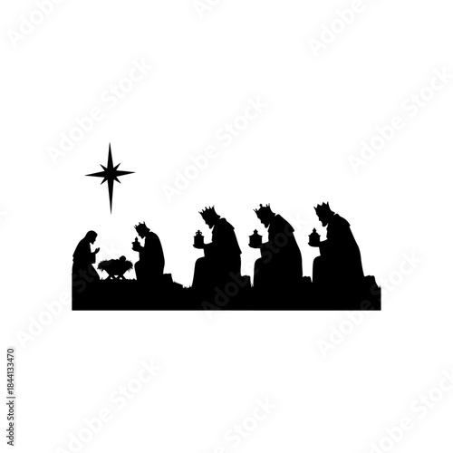 The adoration of the magi silhouette with mary, baby jesus, and the star of bethlehem isolated on transparent background