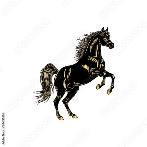 Rearing black horse illustration with elegant golden accents on a white background isolated on transparent background