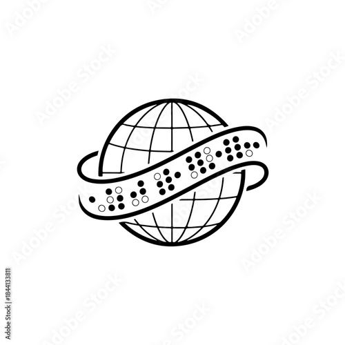 Black and white line art illustration of a globe with braille text wrapped around it isolated on transparent background