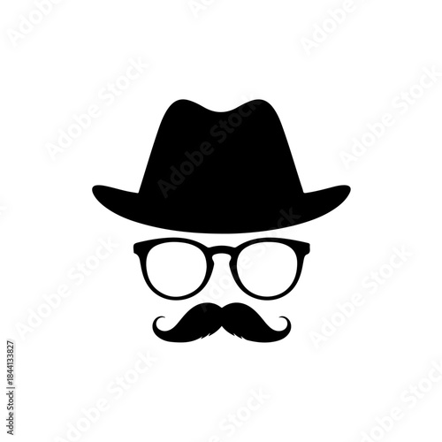 A black and white minimalist icon of a gentleman with a hat, glasses, and mustache isolated on transparent background