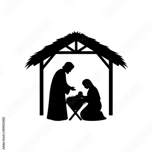 A silhouette depiction of the holy family in the nativity scene under the stable roof isolated on transparent background
