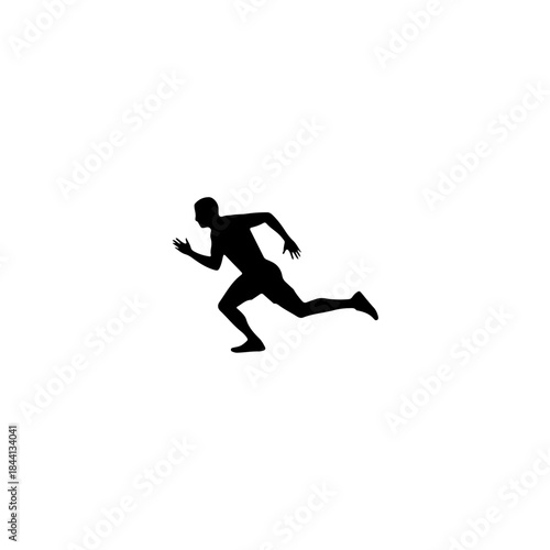 A dynamic black silhouette of a male athlete sprinting or running in full motion on a white background isolated on transparent background
