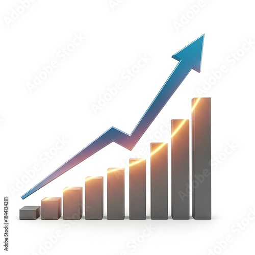 Stunning 3D bar chart with vibrant blue arrow showing dynamic upward business growth and success
