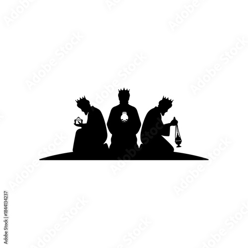 Silhouette of the three wise men kneeling in reverence, bringing their gifts of gold, frankincense, and myrrh isolated on transparent background