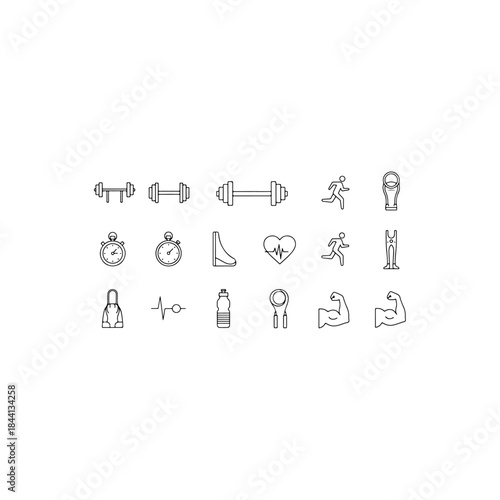 A collection of various fitness, gym, and workout-related line icons including weights, stopwatches, and health symbols. isolated on transparent background