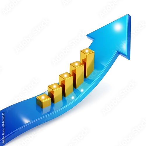 Stunning golden bar chart ascending sharply on a vibrant blue arrow symbolizing massive business growth and success