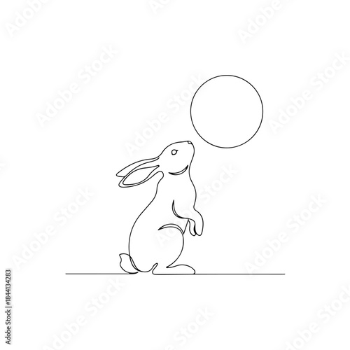 A single line drawing of a rabbit standing on its hind legs and looking up at the moon isolated on transparent background