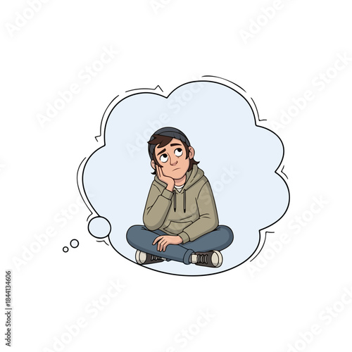 A young person pondering deeply while sitting in a large thought bubble isolated on transparent background