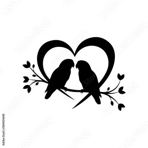 Romantic silhouette of two lovebirds perched on a branch with a heart shape background isolated on transparent background