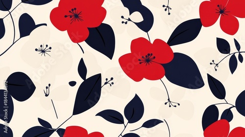 Elegant red and black floral pattern with delicate blooms on clean white background textile design.