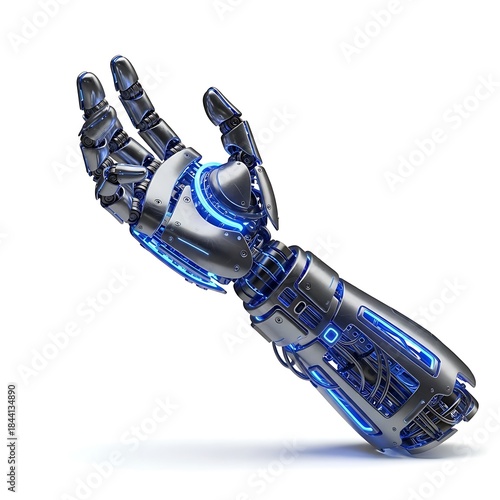 Stunning futuristic cyborg arm with glowing blue neon circuits reaching out against a clean white background