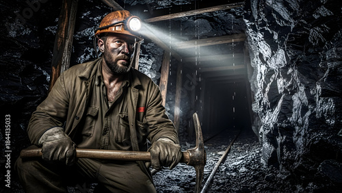 A rugged miner with a headlamp and pickaxe works deep inside a dark, dusty underground mine shaft.