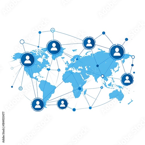 A flat, illustrated world map overlaid with a network of connected user icons, representing global connection