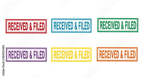 Collection of six colorful rubber stamps marking documents as received and filed on transparent background